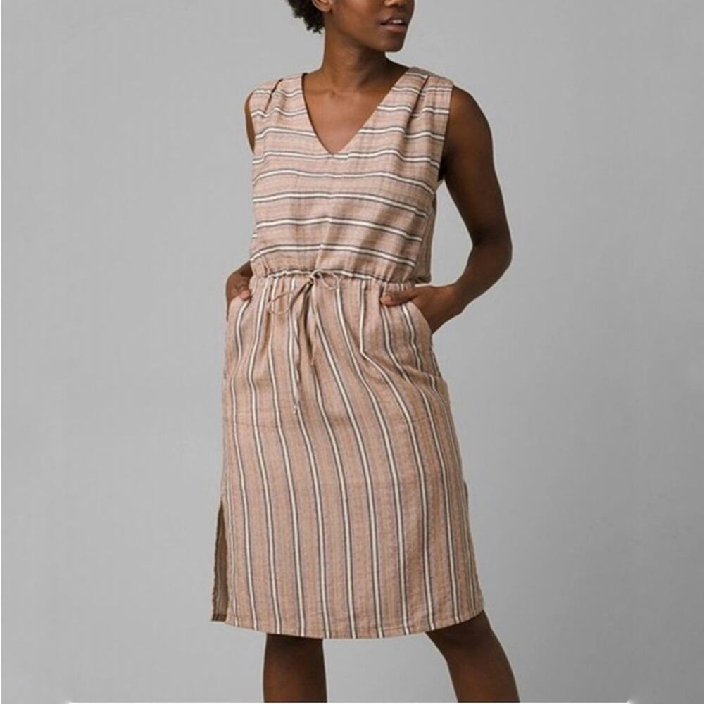 Prana Sleeveless V-Neck Midi Dress in Blush and Cream Stripe